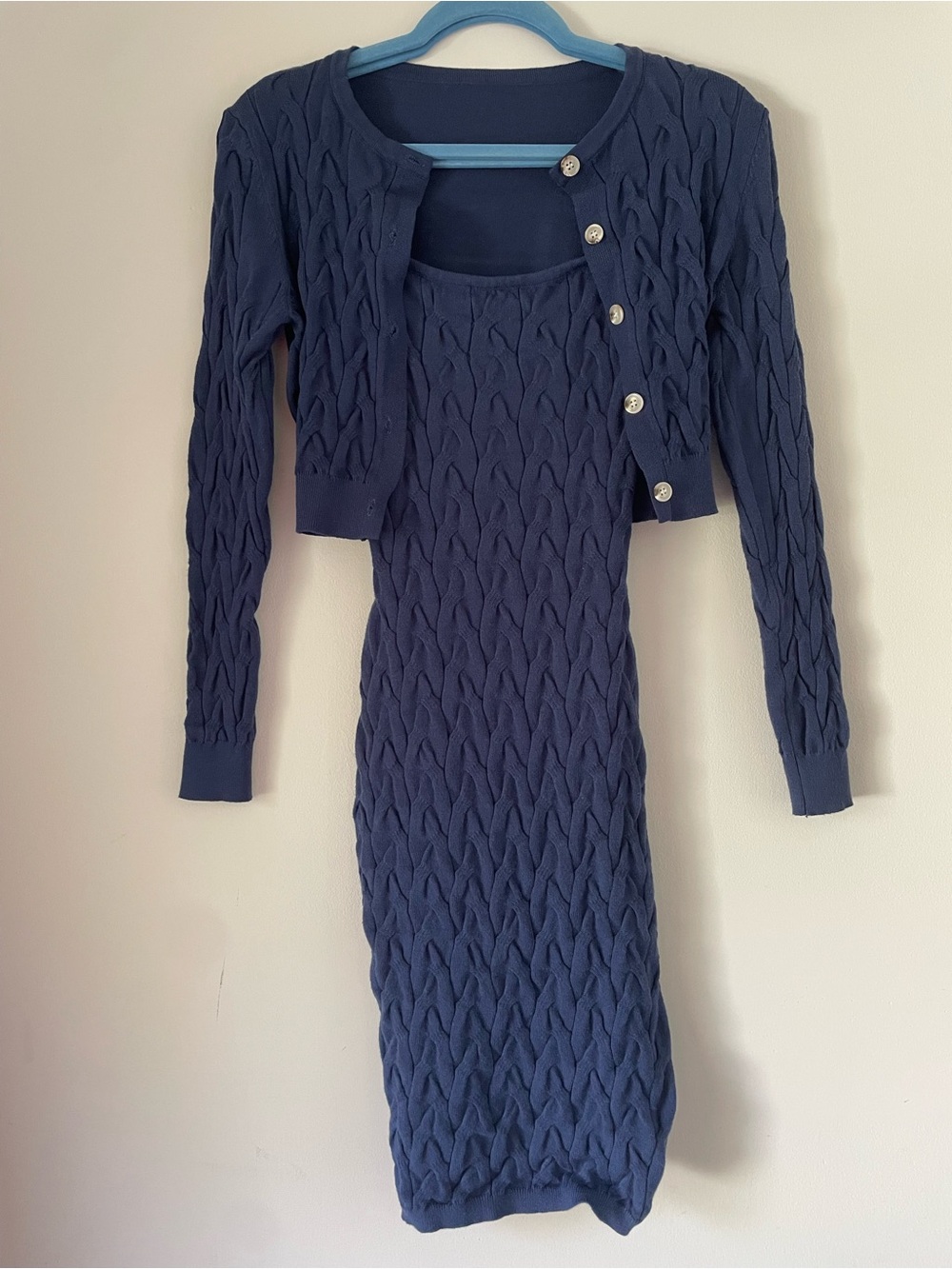 SHEIN Navy Cable-Knit Midi Skirt with Matching Cardigan